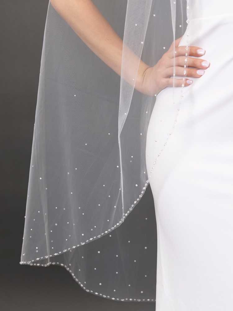 Crystal Beaded 52 Long Scattered Pearl Wedding Veil