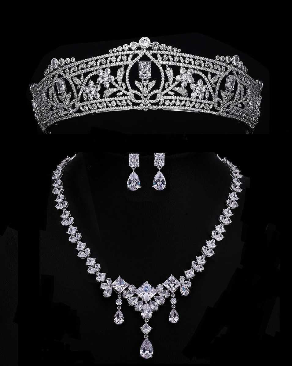 Majestic Silver Plated CZ Wedding Tiara with Jewelry Set