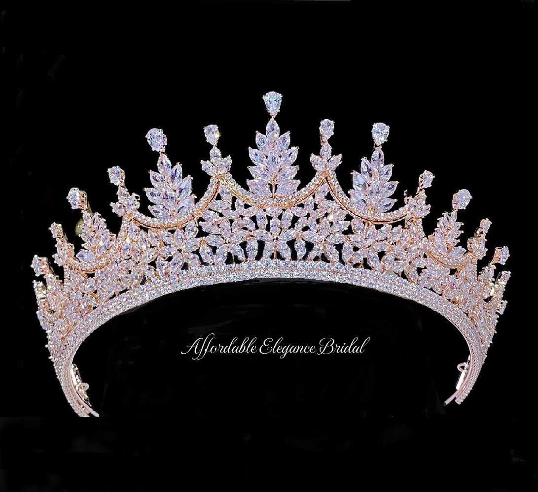 Rose Gold CZ Wedding and Quinceanera Tiara with Earrings