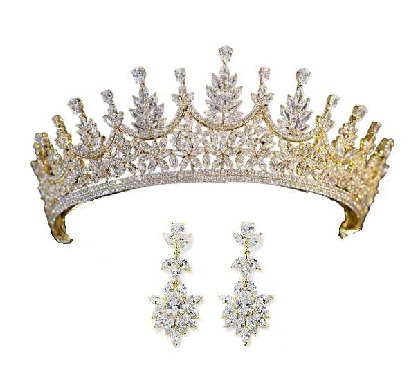 Gold Multi-Peak CZ Wedding and Quince Tiara with Earrings display picture 2
