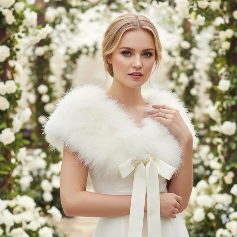 FLUFFY VINTAGE IVORY  COLOR MARABOU FEATHER TAM WITH STRETCH FABRIC HEADBAND Ivory Vintage Inspired Marabou Feather Bridal Stole Wrap main image 3