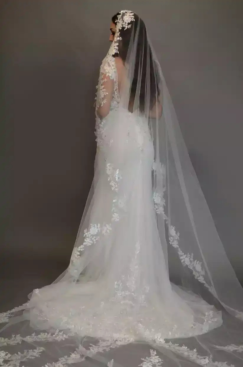 Mantilla Crystal Beaded Lace Regal Cathedral Wedding Veil display picture 3