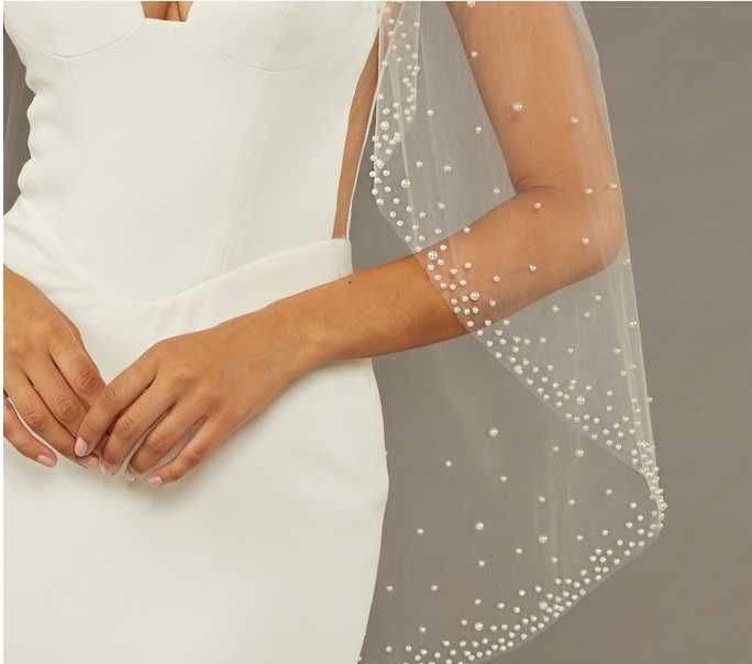 Fingertip Wedding Veil with Scattered Pearl Edge Envogue V2487SF