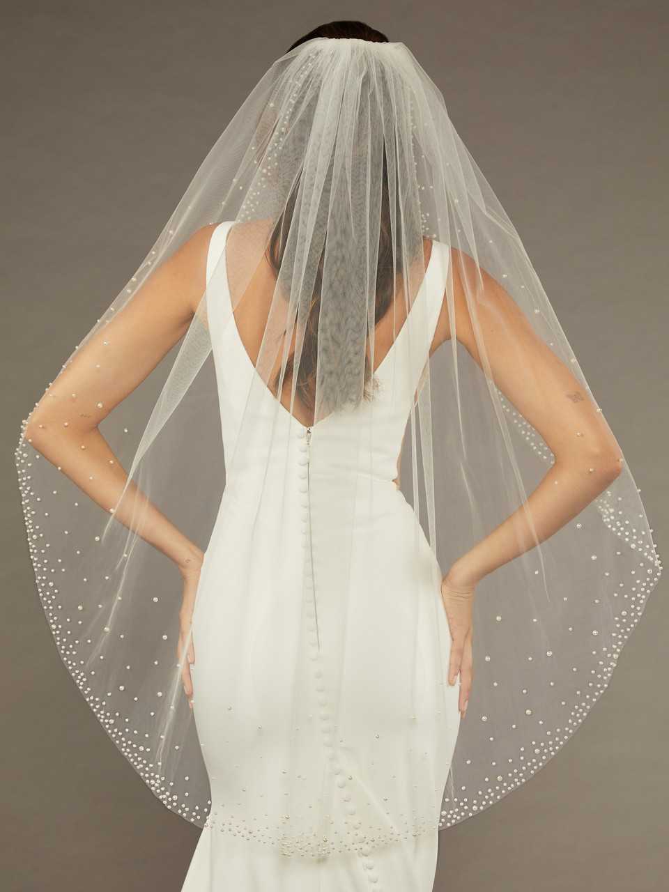 Fingertip Wedding Veil with Scattered Pearl Edge Envogue V2487SF