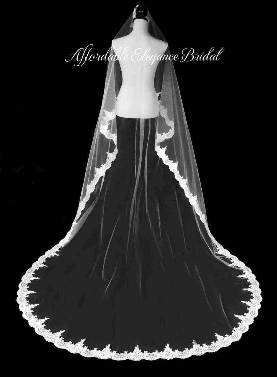 Elaborately Beaded French Lace Royal Cathedral Wedding Veil, image size:941x1280