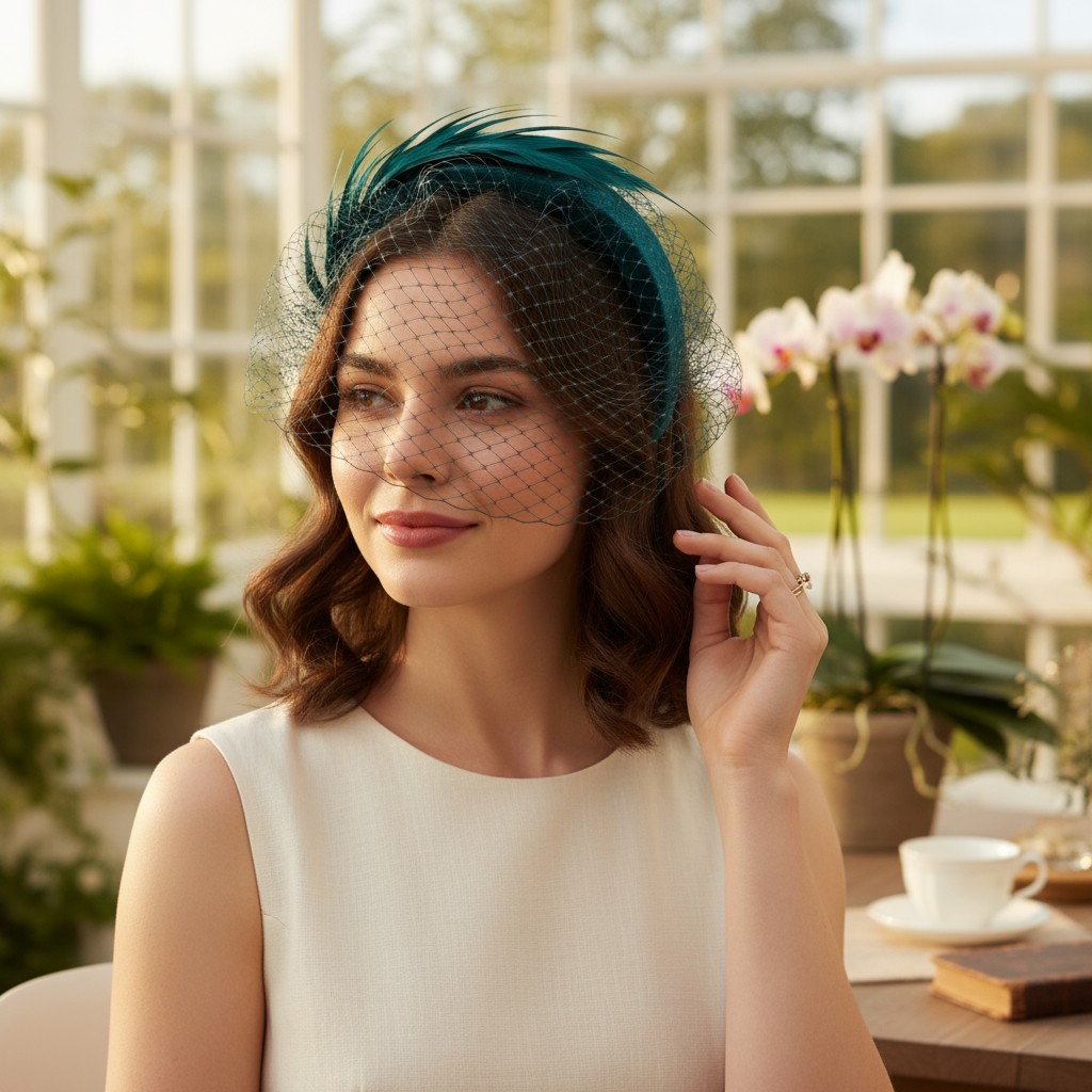 Emerald Green Birdcage Veil with Feather Headband Fascinator display picture 2