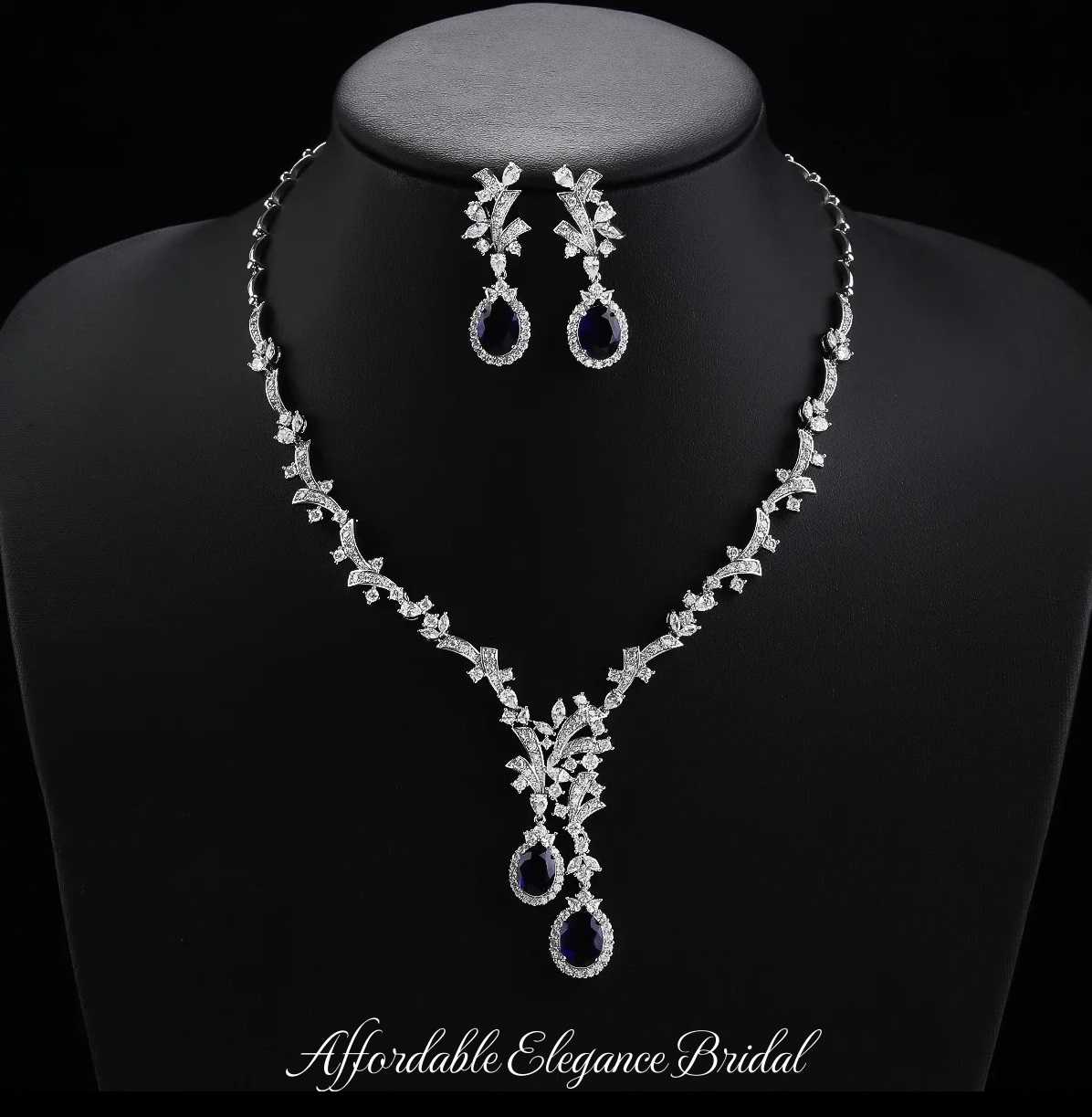 その他 jewelup Sapphire Blue CZ Double Drop Wedding Jewelry Set