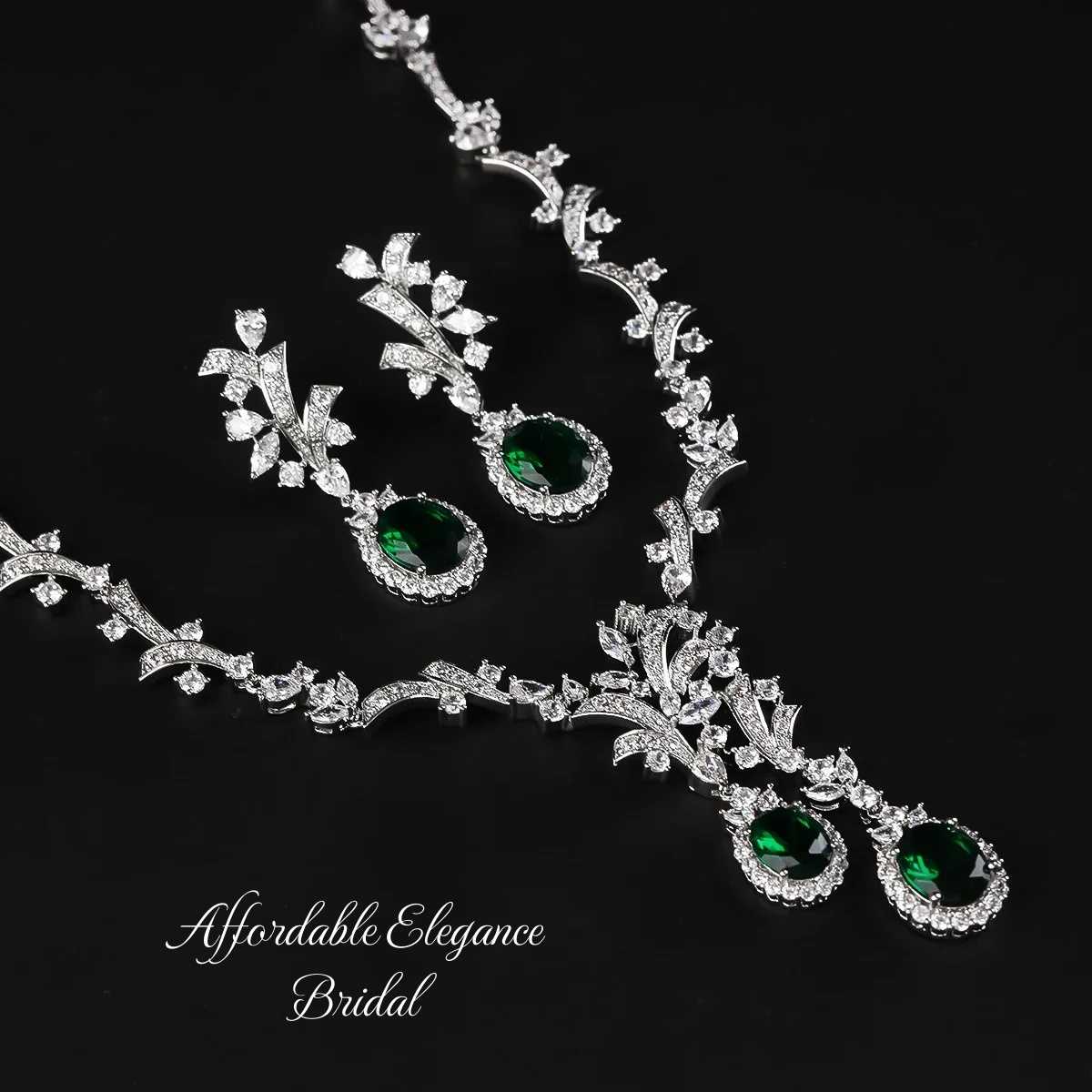 CZ Collection Emerald Green CZ Double Drop Wedding Jewelry Set