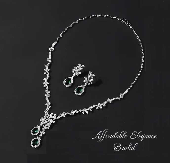 Emerald Green CZ Double Drop Wedding Jewelry Set