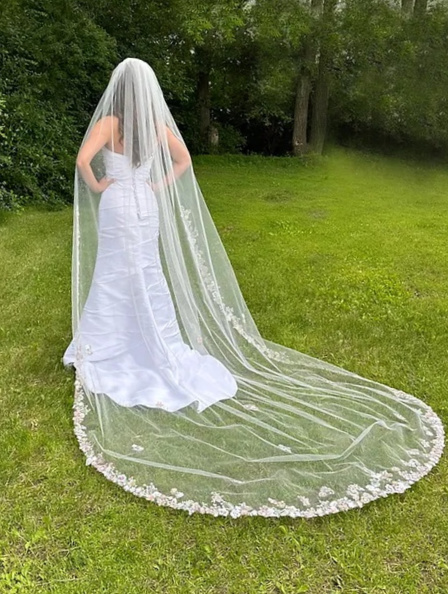 Royal Cathedral Wedding Veil With Rose Pink and Green Lace display picture 1