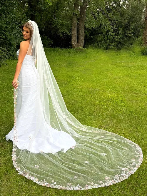 Royal Cathedral Wedding Veil with Rose Pink and Green Lace