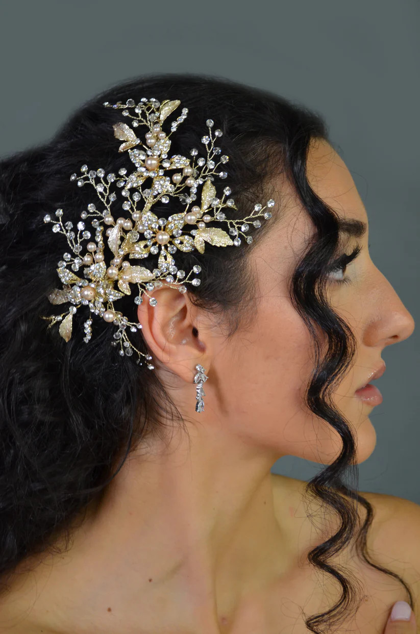 Rhinestone Crystal Gold Plated Floral Hair Barrette Faship Black Crystal Rose Gold Plated Floral Hair Barrette  main image 2