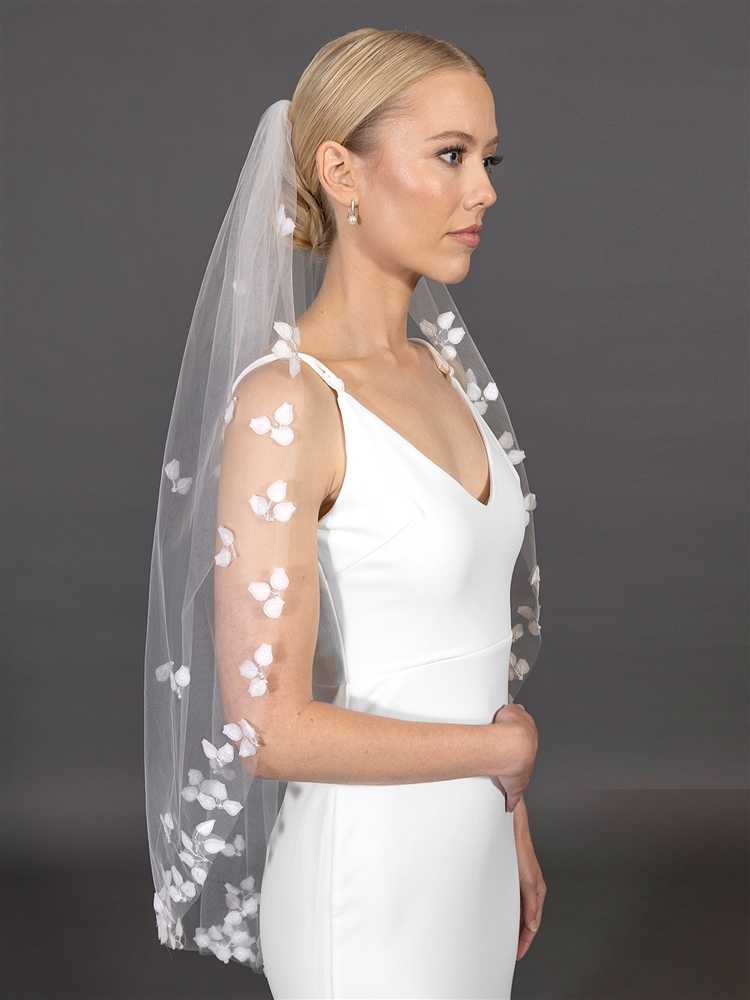 Scattered Floral Lace Applique Fingertip Wedding Veil V4707