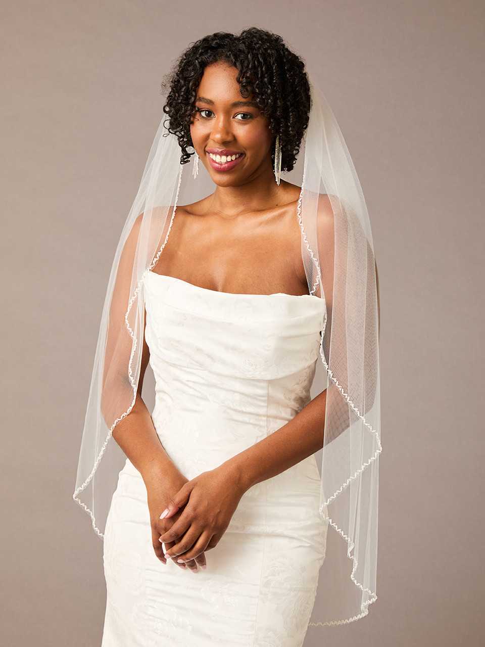 Opaque Beaded Fingertip Wedding Veil Envogue V2583SF display picture 2