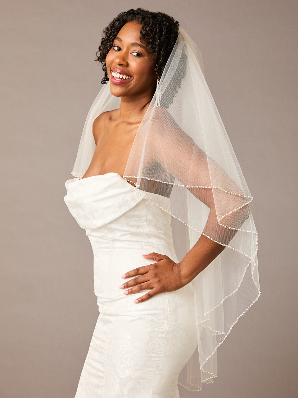 Two Layer Beaded Fingertip Wedding Veil Envogue V2190F display picture 3