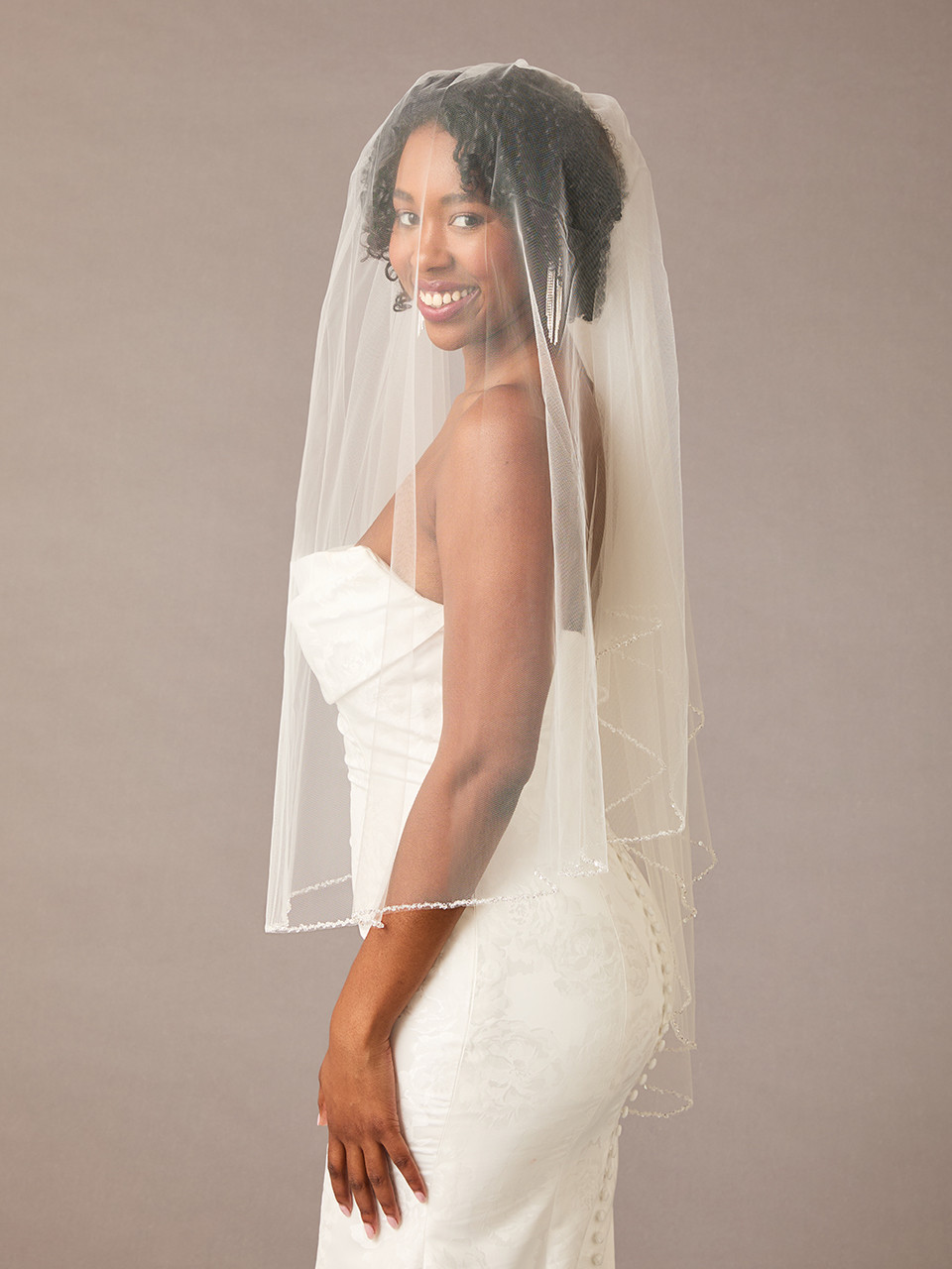 Two Layer Clear Crystal Beaded Fingertip Wedding Veil V2092F