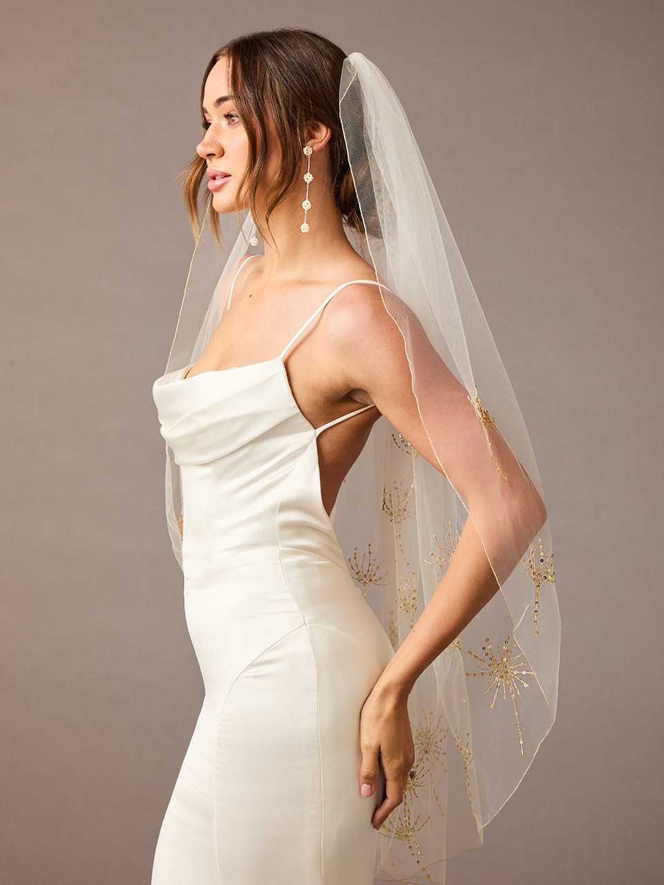 Fingertip Wedding Veil with Sequined Gold Embroidery V2577SF