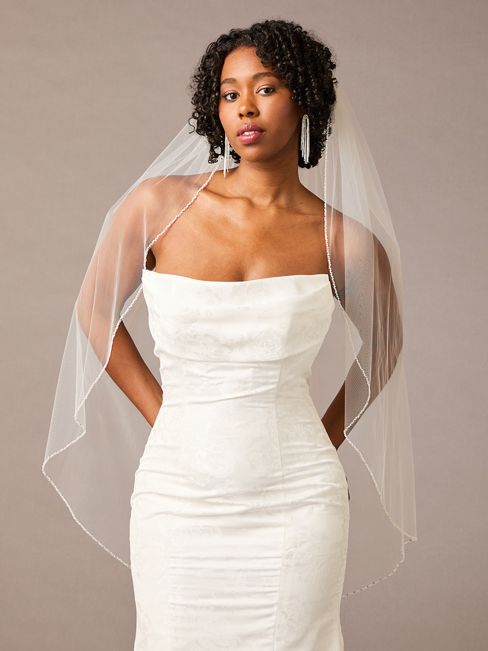 Fingertip Wedding Veil with AB Sequin Beaded Edge V2582SF