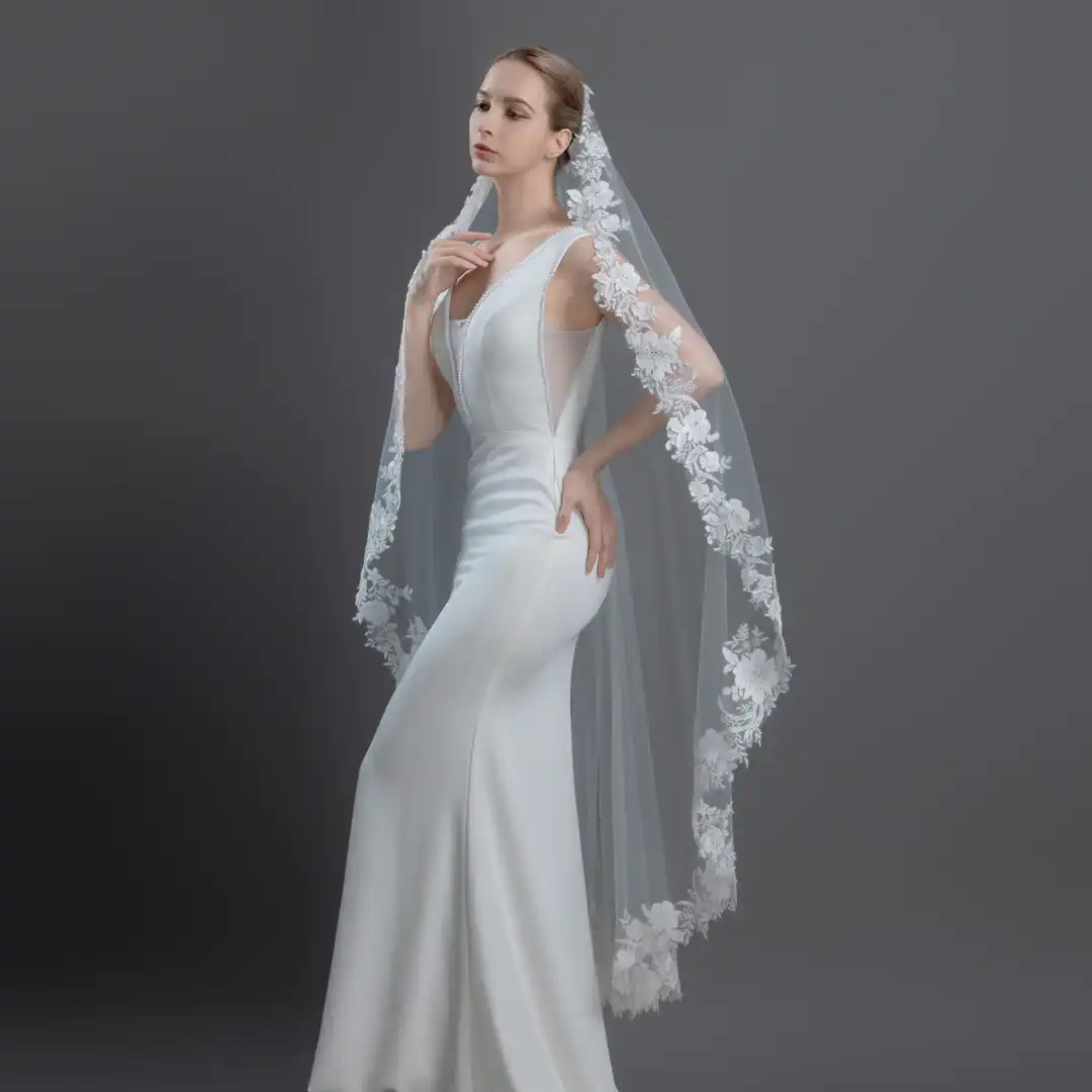 Floral Vine Lace Mantilla Style Waltz Wedding Veil V6225M