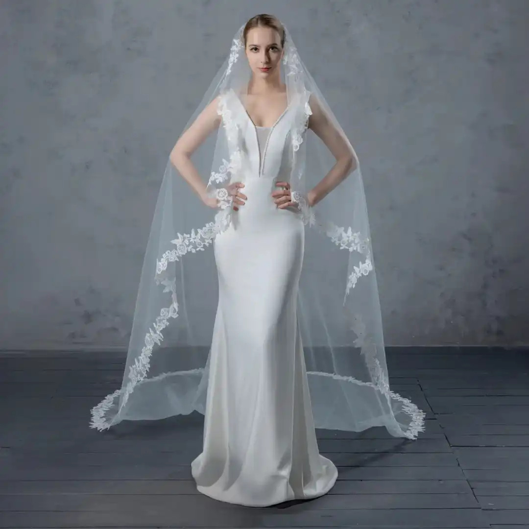 Wedding Veil Carbonneau's Bridal Angel Cut Cathedral Wedding Veil With  Floral Vine Lace