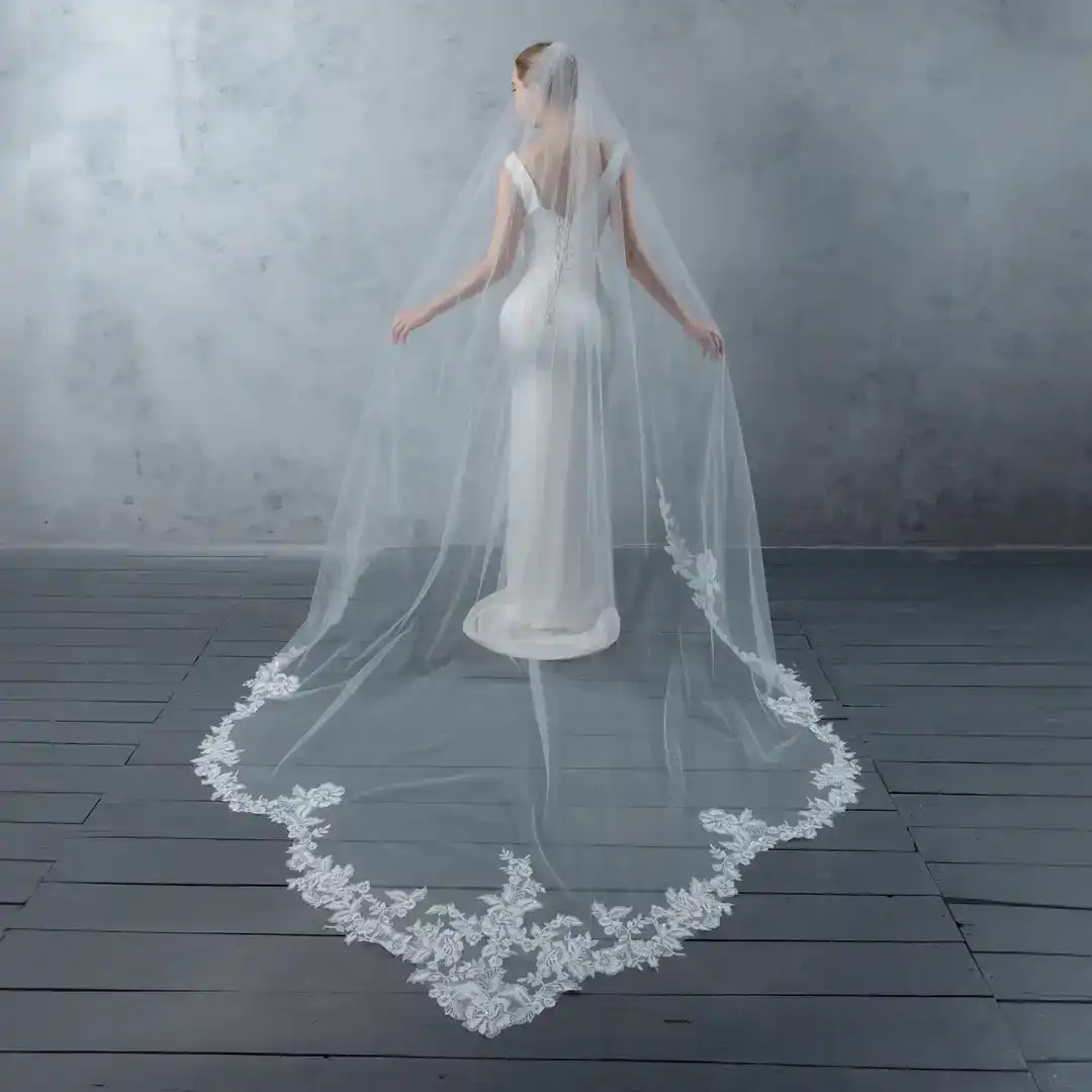 Scalloped Regal Cathedral Wedding Veil with Beaded Lace