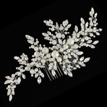 Large Silver Plated Ivory Pearl and Rhinestone Bridal Comb