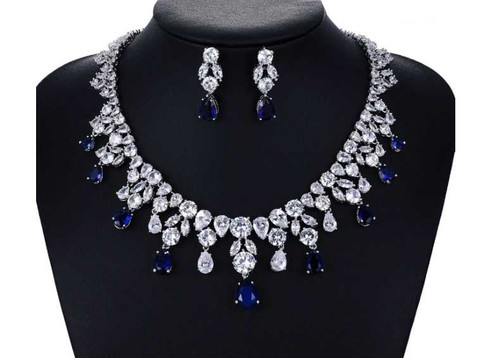 Sapphire Blue 5A CZ Wedding and Formal Necklace Jewelry Set