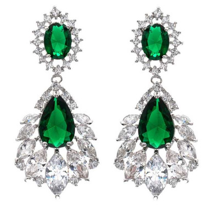 Green and Clear Silver Plated CZ Wedding and Formal Earrings