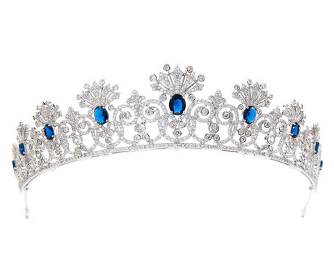 Hand Crafted Silver Tiara with Royal Blue Gem Accents Royal King Crown: Blue Crystal Silver Rhinestone Costume  main image 4