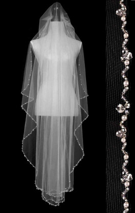 Full Double Angel Cut Wedding Veil Waltz Length with Satin Ribbon Crystals