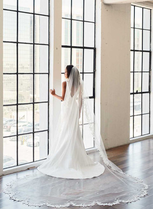 Royal Blue Single Tier Bridal Veil with Sequined Lace Edging