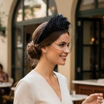 Ashro, Black, Floral, Fascinator, Birdcage Veil, Made In The USA, Polyester Black Birdcage Bridal Veil with Feather Fascinator main image 4