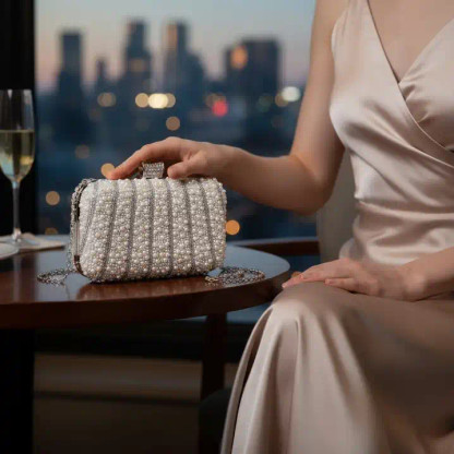dress purse silver Chic Pearl Wedding Clutch Purse in Silver P9615