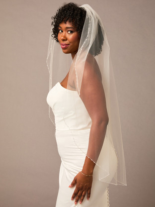 Crystal Beaded Edge Fingertip Wedding Veil Envogue V2670SF
