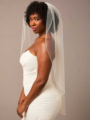 Pearl Beaded Edge Fingertip Wedding Veil Envogue V2672SF display picture 2