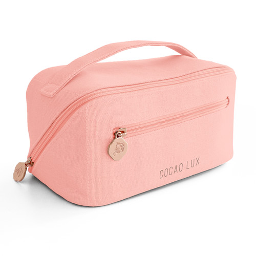 Travel Cosmetic Bag, Rose Gold Zipper - Coral with Front Zipper Pocket