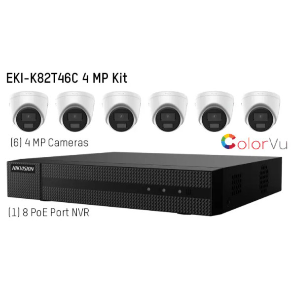 Hikvision EKI-K82T46C ColorVu 7-Piece Kit, (6) DS-2CD1347G0-LUF 4MP Outdoor IP Security Cameras, (1) ERI-K108-P8 8-Channel 4K NVR with Pre-installed 2TB Hard Drive - 1