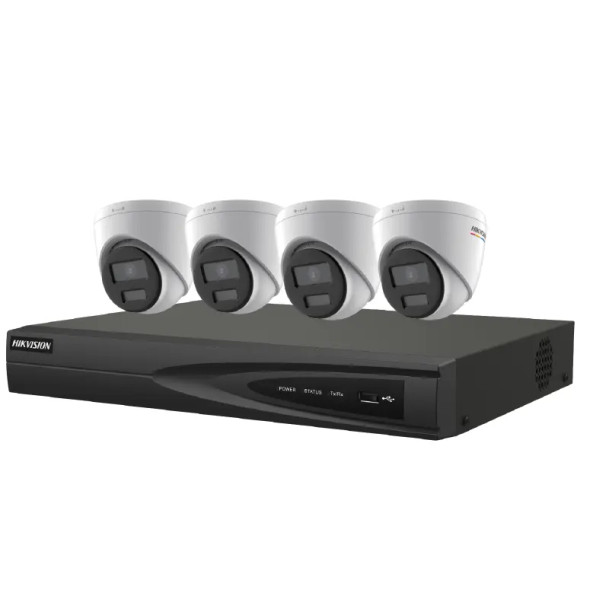 Hikvision EKI-K41T44C ColorVu 5-Piece IP Kit, (4) DS-2CD1347G2-LUF 4MP Turret Outdoor IP Security Camera, 2.8mm Lens, White, (1) ERI-K104-P4 4K 4-Channel NVR, 1TB Hard Drive Included - 1