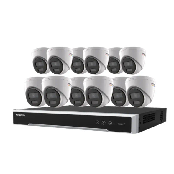 Hikvision EKI-K164T412C ColorVu 13-Piece IP Kit, (12) DS-2CD1347G2-LUF 4MP Outdoor Turret IP Security Cameras, 2.8mm Lens, White, (1) ERI-K216-P16 4K 16-Channel NVR, 4TB Hard Drive Included, Black - 1