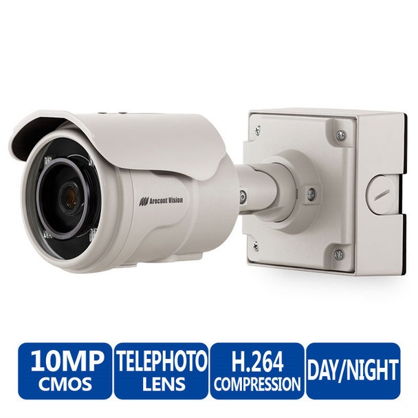 Arecont Vision AV10225PMTIR - MegaView 2 10MP Indoor/Outdoor Vandal-Resistant IR Day/Night Bullet IP Security Camera - 12 to 22mm Telephoto P-Iris Lens