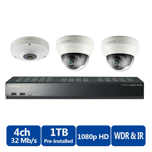 Samsung SRK-3030S 3-Camera Dome IP Security Camera System - 1x 360-degree Fisheye Camera, 2x 2MP Full HD Camera, 4-Channel NVR Kit - 2