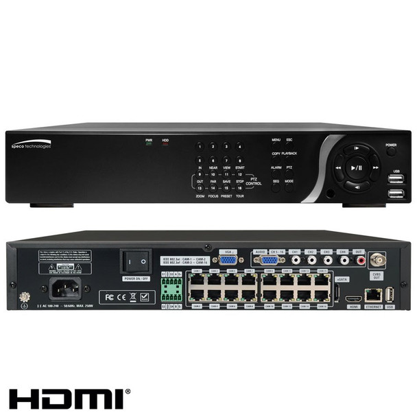 Speco N16NSF4TB 16 Channel Network Video Recorder - 4TB HDD included, Built-in PoE, Plug and Play