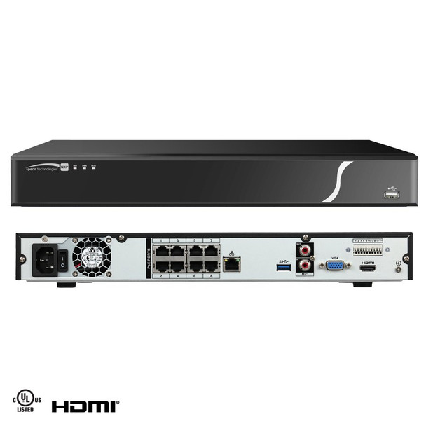 Speco N8NXP8TB 8 Channel 4K Network Video Recorder - 8TB HDD included, Built-in PoE+ Switch