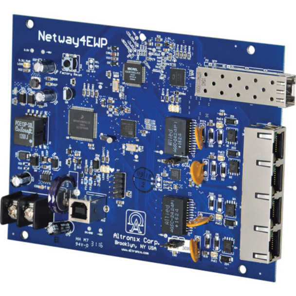Altronix NetWay4EB Single 1G Fiber SFP - 4 port 10/100 PoE/PoE+ configurable for 2x 60W Hi-PoE; Hardened
