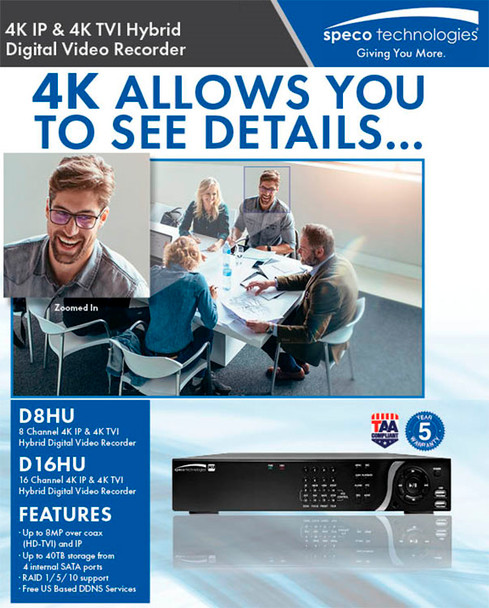 Speco D8HU16TB 8 Channel 4K IP/HD-TVI Hybrid Video Recorder - 16TB HDD