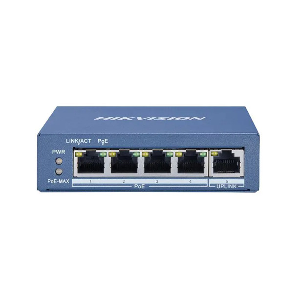 Hikvision DS-3E0505P-E 4-Port Unmanaged Gigabit PoE Switch, 10Gbps, Blue - 1