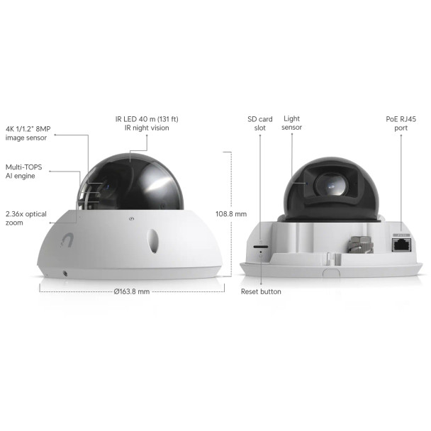 Ubiquiti UVC-G6-PRO-DOME-W 8MP Outdoor Dome IP Security Camera with 5.9-13.8mm Lens, 2.36x Optical Zoom and Built-In IR - 2