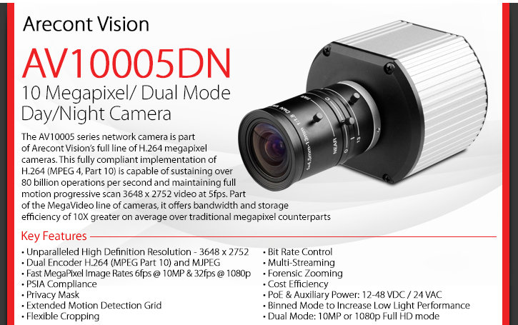 arecont vision av10005dn 10 megapixel/ dual mode day/night camera