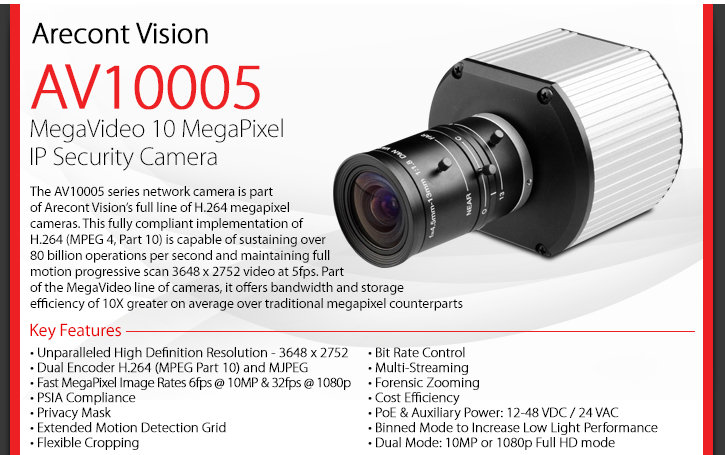 arecont vision av10005 megavideo 10 megapixel ip security camera