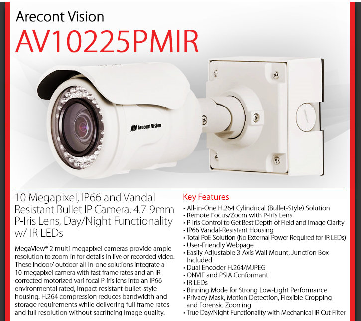 Arecont Vision AV10225PMIR MegaView 2 10MP IR Bullet Camera
